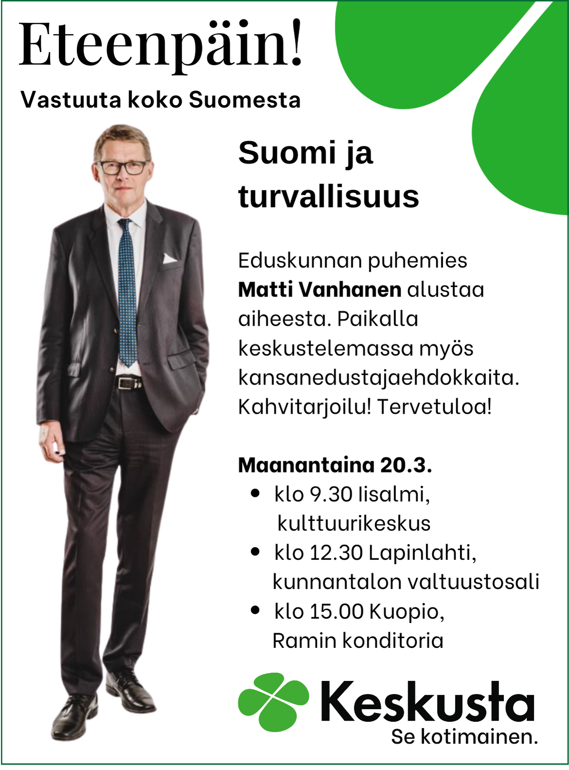 Eduskunnan puhemies Matti Vanhanen kiertueella 20.3.